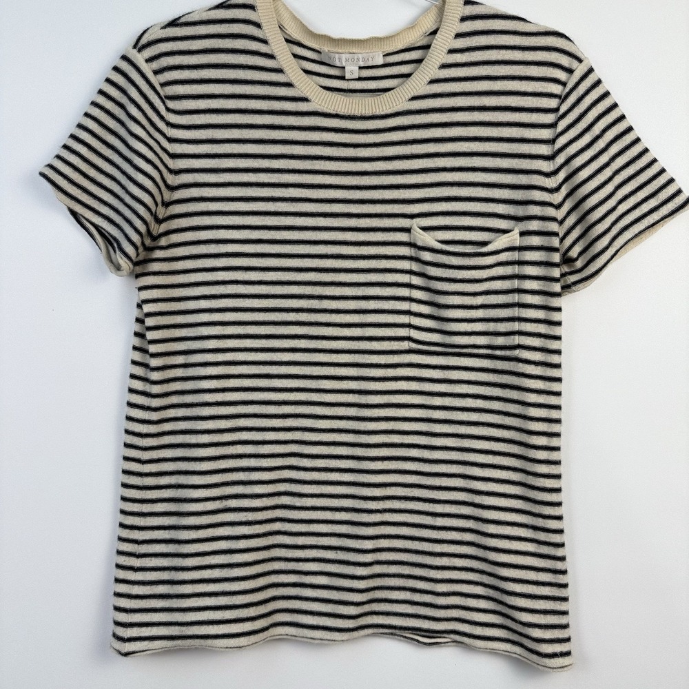 Not Monday Isabella Crew Raw Hem Sweater 100% Cashmere Cream/Navy Stripe‎